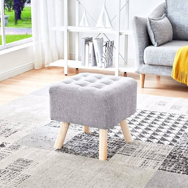 Square Ottoman, 15.8" Entryway Bench, Footstool with 4 Wooden Legs, Linen Fabric Footrest, Vanity Chair for Bedroom, Upholstered Stool Padded Seat for Change Shoes, Grey