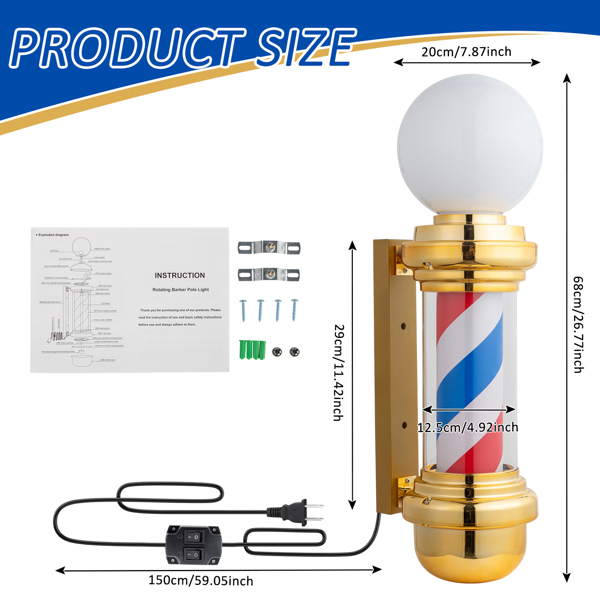 27" Barber Pole LED Light Golden,Classic Style Hair Salon Barber Shop Open Sign,Rotating Red White Blue LED Strips,IP44 Waterproof Save Energy 