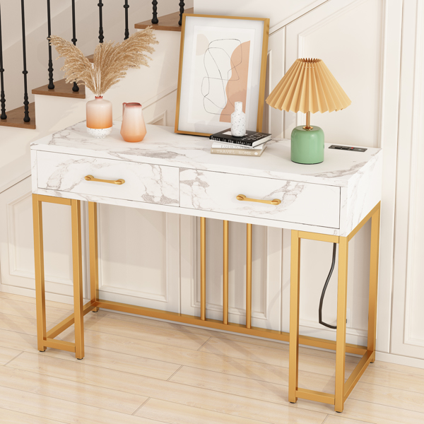 Console Table with 2 Drawers, Entryway Table with Outlets and USB Ports, Sofa Table Narrow Long with Storage Shelves for Living Room