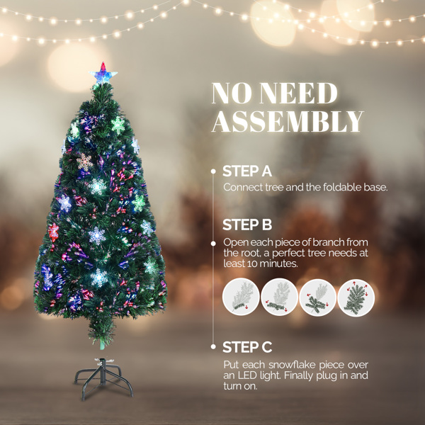 4ft Top With Stars PVC Material Fiber Optics 20 Lights With Snowflakes Colorful Color Change 130 Branches Christmas Tree Green