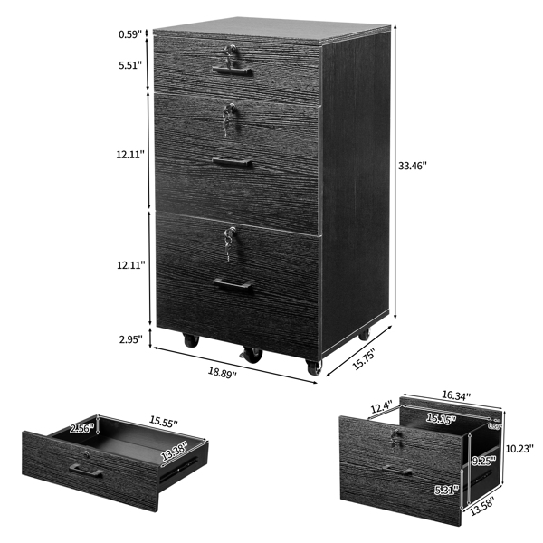 Black wood grain density board, one small drawer and two large drawers, wooden filing cabinet, suitable for Legal&Letter labeled documents