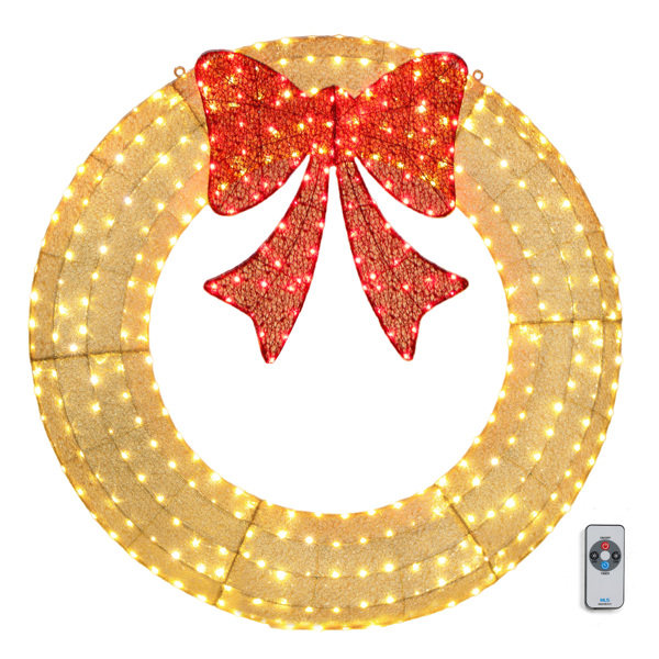60in Pre-Lit Outdoor Christmas Wreath Decoration, LED Metal Holiday Decor for Home Exterior, Garden w/ 400 Lights, Bow - Gold/Red