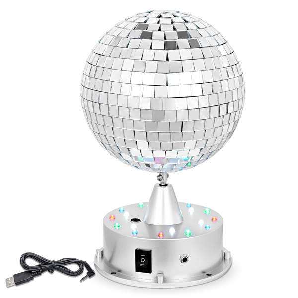 6 inch18 LED Mirror Ball with 4 Color Lights with Voice Control Rotating Motor Base Plug/Battery Powered Base ,for Home Party DJ Pub Club Holiday KTV（No shipping on weekends.）