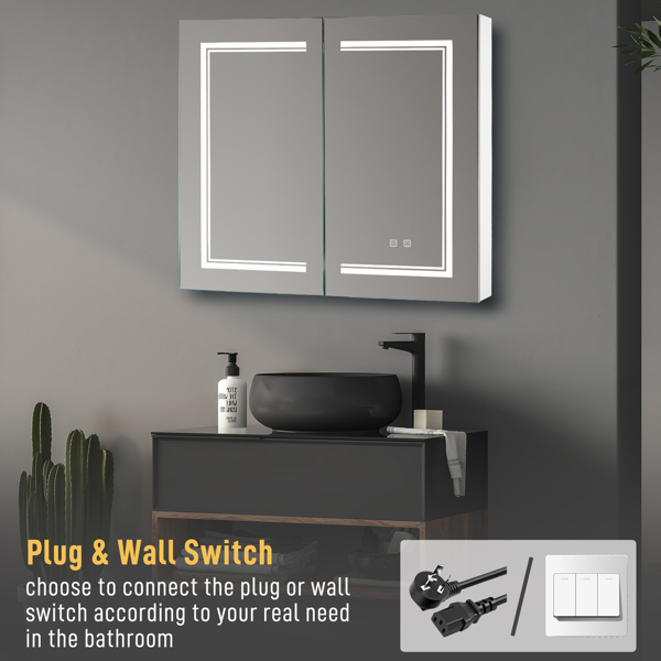 [] LED Bathroom Wall Cabinet, Double Door Bathroom Mirror Cabinet, white