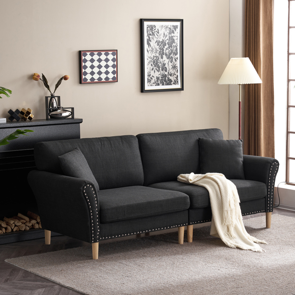 214*83*86cm American Style With Copper Nails Burlap Solid Wood Legs Indoor Double Sofa Black
