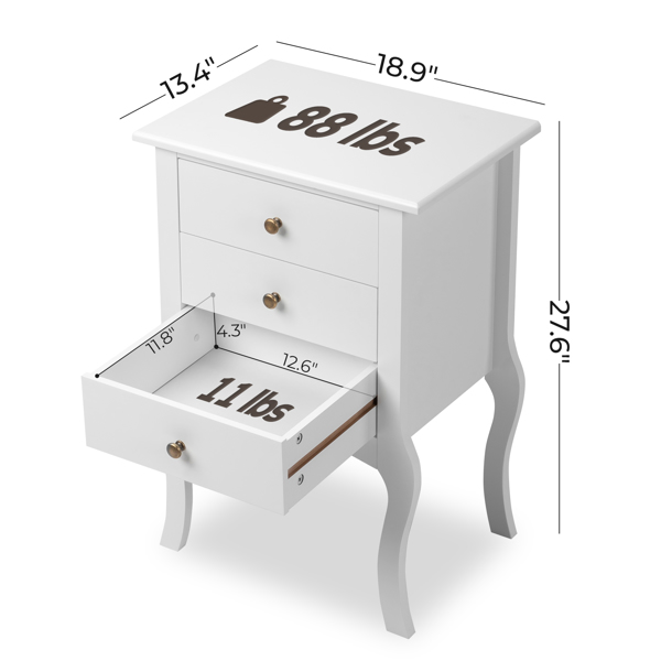 European Bedside Table-Three Pumps White