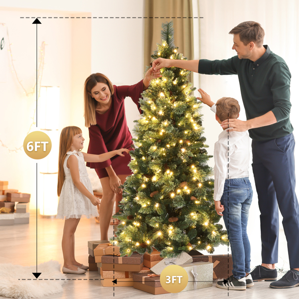 6ft Pencil Shape Automatic Tree Structure PE PVC Material 300 Lights Warm Color 9 Modes With Remote Control 600 Branches With Pine Needles Christmas Tree Green