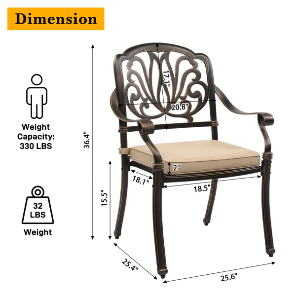 Set of 2 Cast Aluminum Patio Dining Chairs with Cushions, Stackable Outdoor Bistro Chairs for Balcony Backyard Garden Deck, Antique Bronze