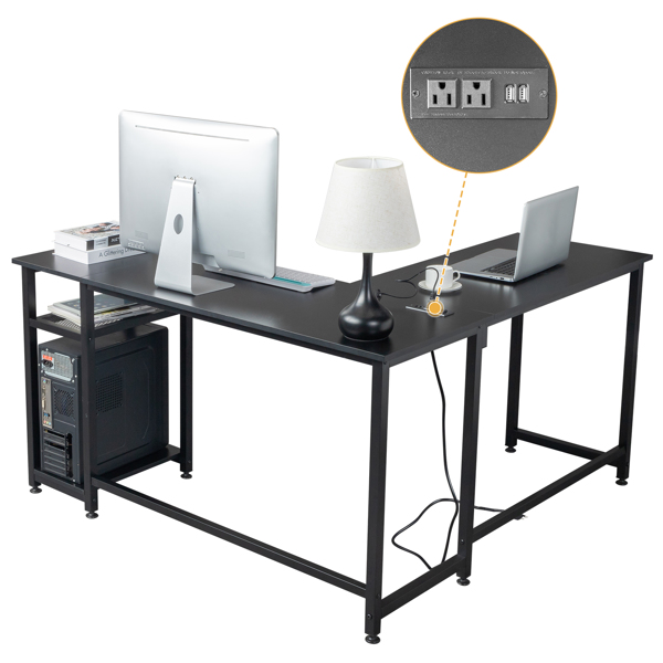 L-Shaped Desktop Computer Desk with Power Outlets & Shelf Tiger Black