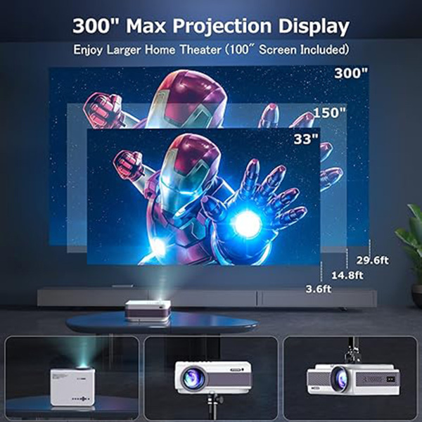 Projector with WiFi and Bluetooth, Native 1080P Outdoor Projector 10000L Support 4K, Portable Movie Projector with Screen and Max 300", Compatible with iOS/Android/Laptop/TV Stick/HDMI/USB/VGA