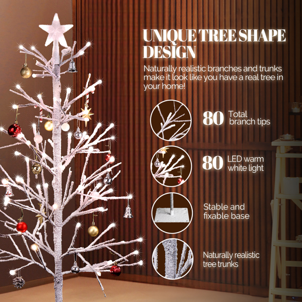 4ft With Stars On Top, Snowy Fir Shape, Plastic Material, 80 Warm Colors, 80 Branches, Indoor Tree Lights, White