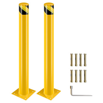 Safety Bollards, 48inch Height Bollard Post, Yellow Powder Coated Safety Parking Barrier Post with 4 Anchor Bolts, Steel Safety Pipe Bollards for High Traffic Areas（2PCS）