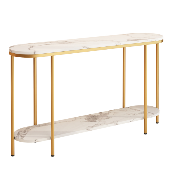Console Table 2 Tier Narrow Entryway Table with Storage Shelves Faux Marble Narrow Table for Living Bedroom Hallway Office Easy Assembly, Gold & White