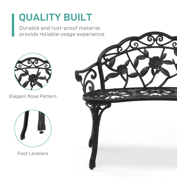 Outdoor Cast Aluminum Patio Bench, Porch Bench Chair with Curved Legs Rose Pattern, Black