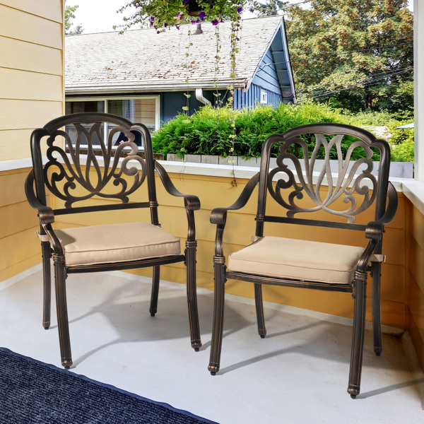 Set of 2 Cast Aluminum Patio Dining Chairs with Cushions, Stackable Outdoor Bistro Chairs for Balcony Backyard Garden Deck, Antique Bronze