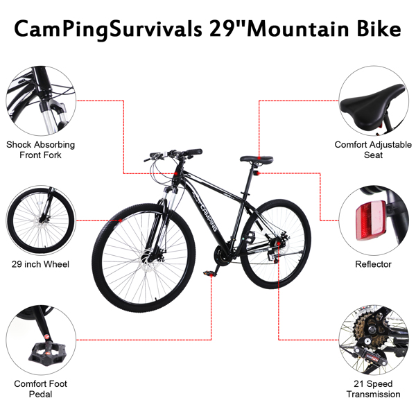 CamPingSurvivals 29in 21 Speed Load Bearing 150kg  High Carbon Steel Mountain Bike Black