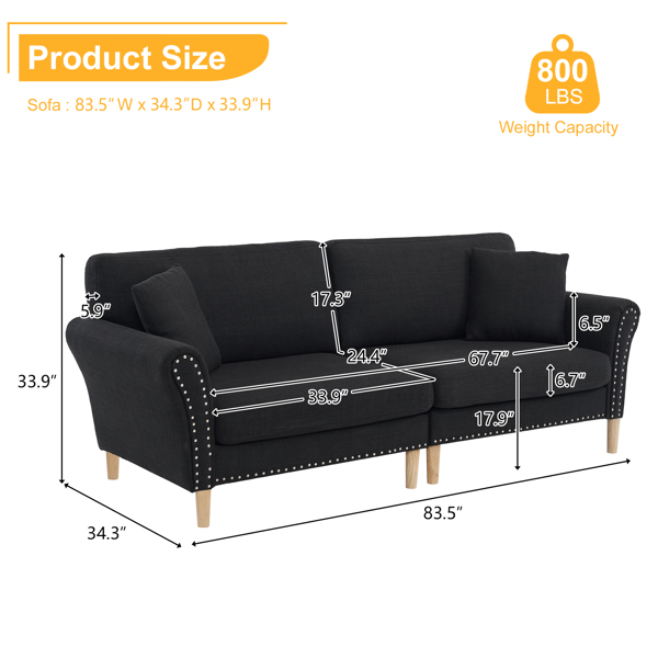 214*83*86cm American Style With Copper Nails Burlap Solid Wood Legs Indoor Double Sofa Black