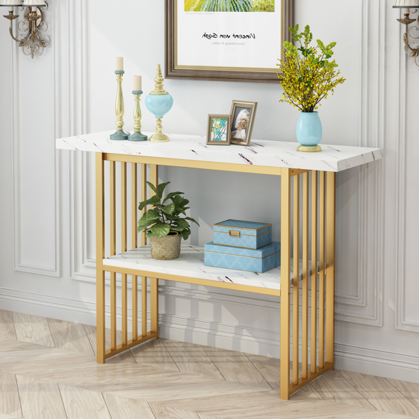 Gold Entryway Table, Modern 42-Inch Console/Accent Table with Geometric Metal Legs, Faux Marble Narrow Wood Sofa, Foyer Table for Entrance, Living Room (Gold & White)