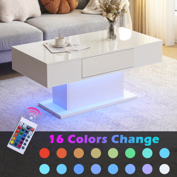 Modern LED Coffee Table with Drawer and 16 Colors LED Lights, High Glossy Coffee End Table for Living Room, White
