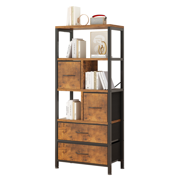 5 layers with 4 drawers bookshelf particle board iron frame non-woven fabric 60*30*147cm black iron parts black wood grain storage box retro brown plate