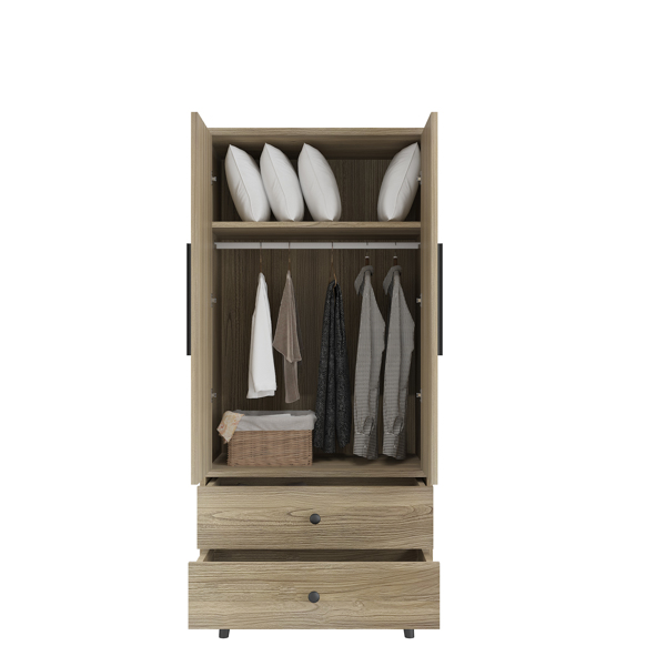 Density board pasted with triamine 9398-1 oak color black copper feet 2 doors 2 drawers with clothes rail wooden wardrobe