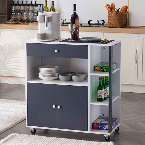 Kitchen Island Cart with 5 Shelves 1 Drawer, Rolling Kitchen Storage, Mobile Island on Wheels, White & Grey