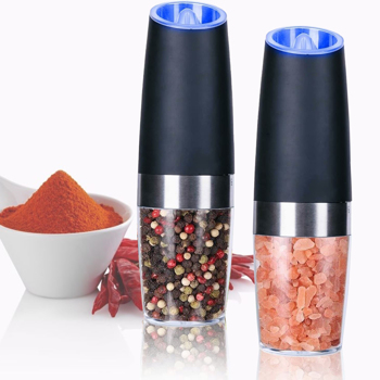 Gravity Electric Salt and Pepper Mill Set, Stainless Steel Automatic Pepper and Salt Miller, LED Blue Light, Battery Operated