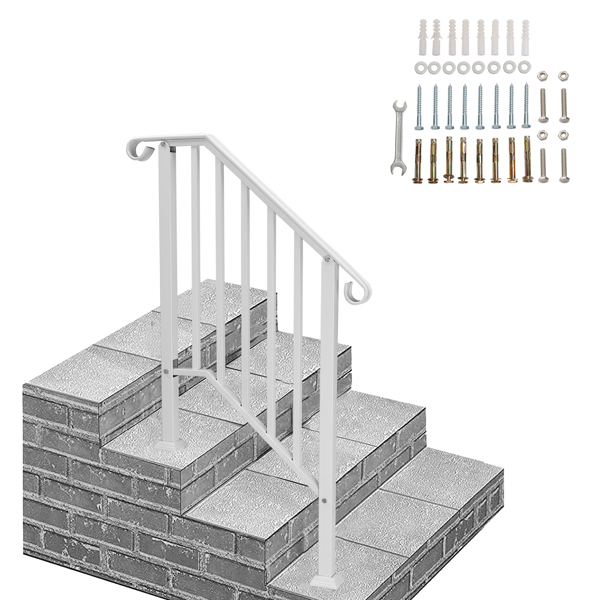 Handrails for Outdoor Steps, Iron Handrail Fits 2 Step, Transitional Handrail with Installation Kit, White