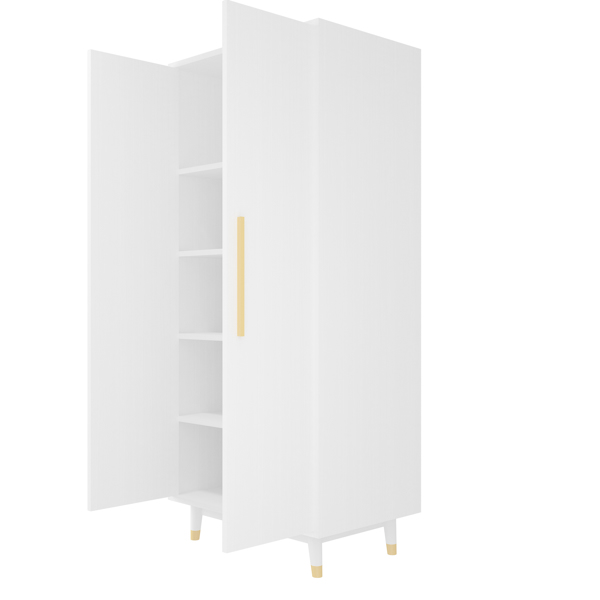 Density board pasted with triamine, white, golden copper feet, 2 doors, with hanging single rod, wooden wardrobe