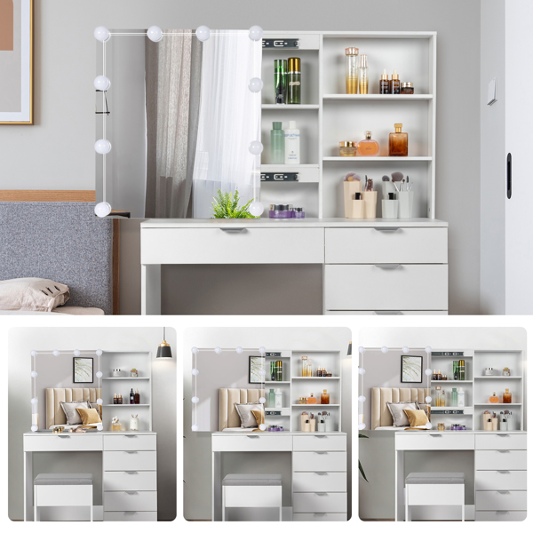 FCH Particleboard Triamine Veneer 6 Pumps 2 Shelves Mirror Cabinet 3 Tone Light Bulbs Dressing Table Set White