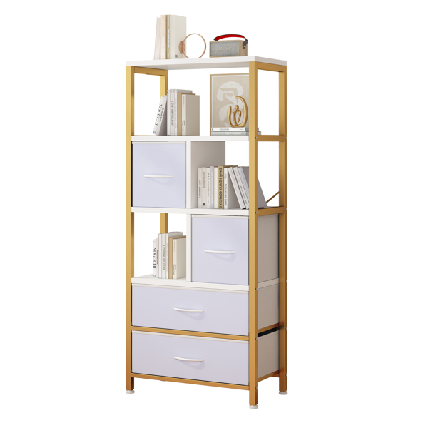 5 layers with 4 drawers bookshelf particle board iron frame non-woven fabric 60*30*147cm gold frame white plate