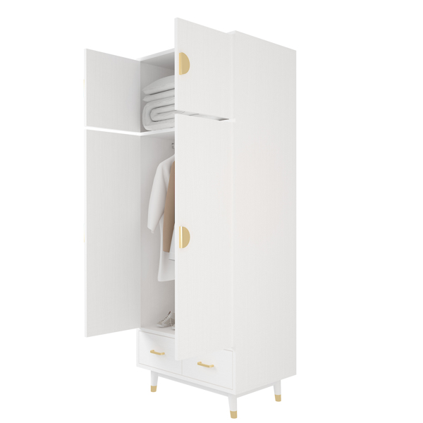 Density board pasted with triamine, white, golden copper feet, 4 doors, 2 drawers, with clothes rail, wooden wardrobe