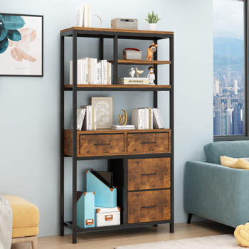 6 layers with 4 drawers bookshelf particle board iron frame non-woven fabric 90*30*174cm black iron parts black wood grain storage box retro brown plate
