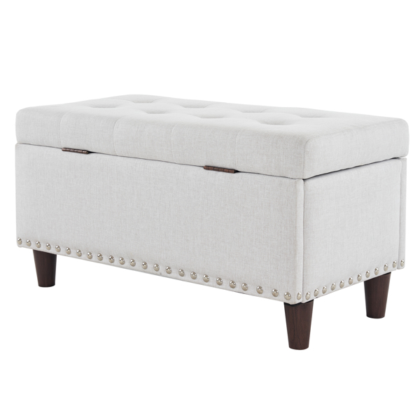 31.5 Inches 80*41*42cm Linen With Storage Copper Nails Bedside Stool Footstool Off-White
