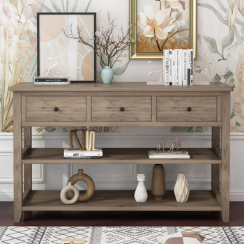 Console Table with Wood Frame and Legs, Sofa Table Entryway Table with 3 Drawers and 2 Open Shelves Wash Gray