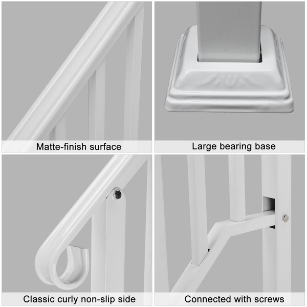 Handrails for Outdoor Steps, Iron Handrail Fits 3 Step, Transitional Handrail with Installation Kit, White