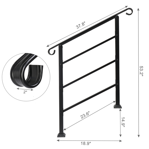 Handrails for Outdoor Steps, Wrought Iron Handrail Fits 1 or 3 Steps, Transitional Handrail with Installation Kit, Black