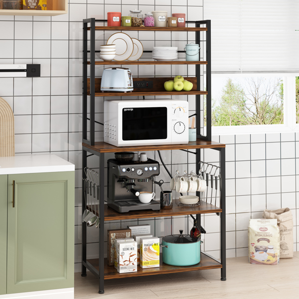 6 layers with strips and 10 S hooks, microwave oven rack, particle board with melamine paste, 80*40*170cm, retro brown plate, black