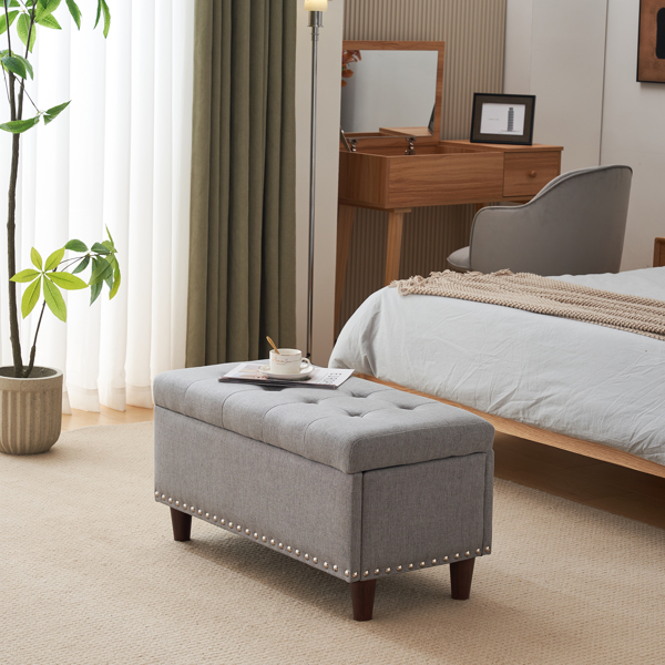 31.5 Inches 80*41*42cm Linen With Storage Copper Nails Bedside Stool Footstool Light Gray
