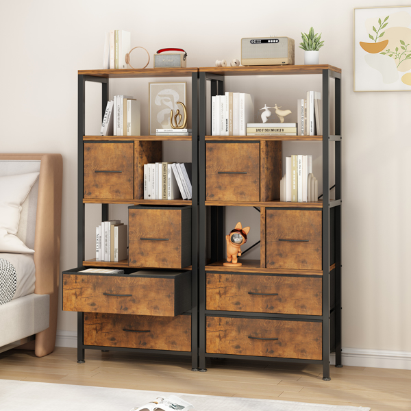5 layers with 4 drawers bookshelf particle board iron frame non-woven fabric 60*30*147cm black iron parts black wood grain storage box retro brown plate