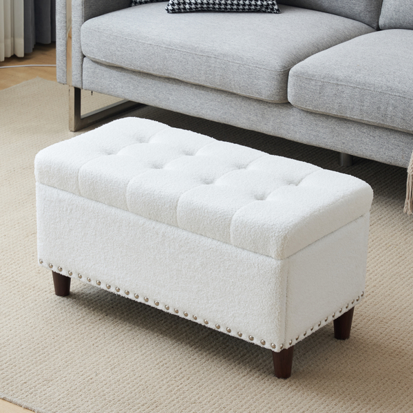31.5 Inches 80*41*42cm Teddy Velvet With Storage Copper Nails Bedside Stool Footstool Off-White