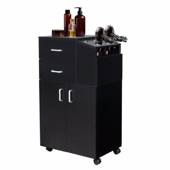 Salon Trolley Cart with Wheels, Salon Station Rolling Cart with 5 Hair Dryer Holders, 2 Drawers, 1 Large Cabinet (Black) 