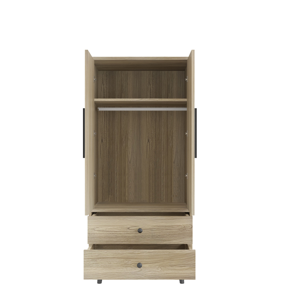 Density board pasted with triamine 9398-1 oak color black copper feet 2 doors 2 drawers with clothes rail wooden wardrobe