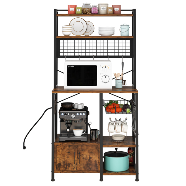 6-layer cabinet with double doors plus 10 S hooks, microwave oven rack, particleboard with triamine paste, 80*40*170cm, retro brown plate, black iron parts