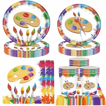 Art Painting Paper Plates Serves 24 Guests Baby Showers Birthday Party Supplies Set Disposable Party Tableware for Kids Dinner Plates, Napkins, Cup 96PCS(FBA)