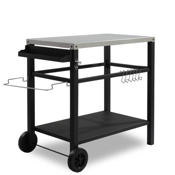 Stainless Steel Flattop Grill Cart, Movable BBQ Trolley Food Prep Cart, Multifunctional Worktable Island with Two Wheels, Hooks