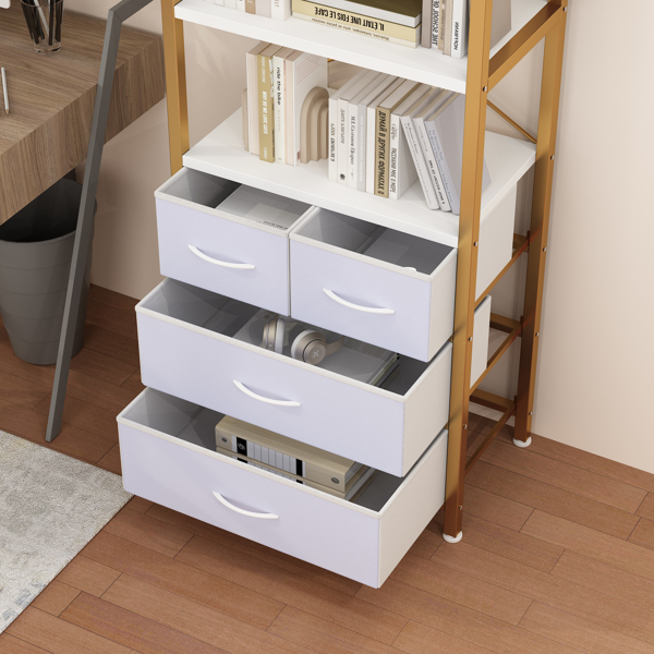 6 Layers with 3 Drawers Bookshelf, Particle Board Iron Frame Non-woven Fabric 60*35*174cm Gold Frame, White