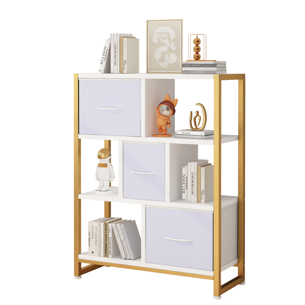 4-layer bookshelf with 3 high legs, particle board, iron frame, non-woven fabric, 80*30*103cm, gold frame, white