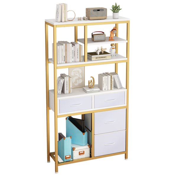 6 layers with 4 drawers bookshelf particleboard iron frame non-woven fabric 90*30*174cm gold frame white plate