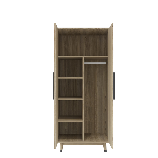 Density board pasted with triamine 9398-1 oak color black copper feet 2 doors with hanging single rod wooden wardrobe